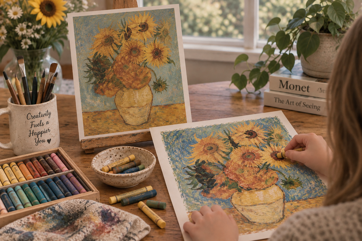 Drawing: Study of Van Gogh's Sunflowers with Oil Pastels